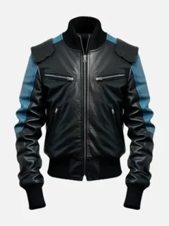 Black And Blue Bomber Leather Jacket