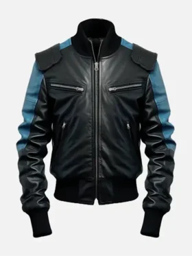 Black And Blue Bomber Leather Jacket