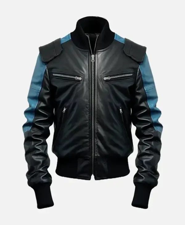 Black And Blue Bomber Leather Jacket
