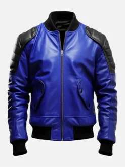 Blue And Black Bomber Leather Jacket