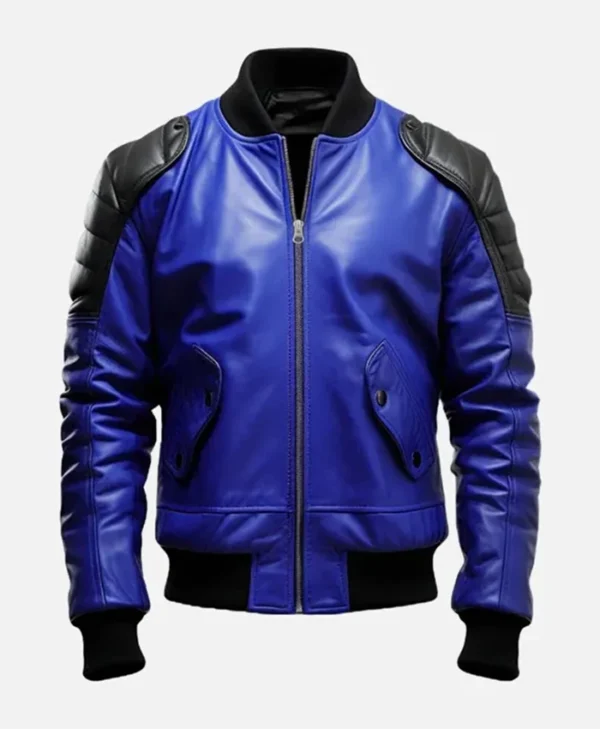 Blue And Black Bomber Leather Jacket