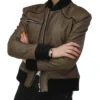 Brown-Womens-Leather-Bomber-Jacket-With-Rib-Collar-Hands