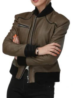 Brown-Womens-Leather-Bomber-Jacket-With-Rib-Collar-Hands