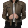 Brown-Womens-Leather-Bomber-Jacket-With-Rib-Collar-Zipper
