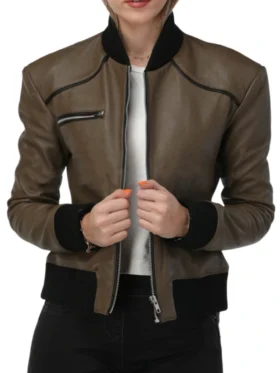 Brown-Womens-Leather-Bomber-Jacket-With-Rib-Collar-Zipper