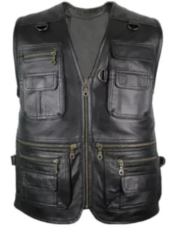 Hunting V-Neck Black Leather Vest