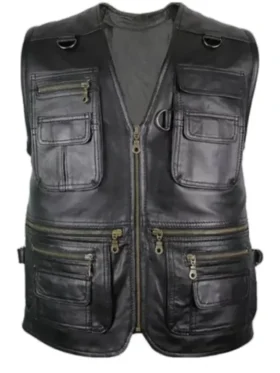 Hunting V-Neck Black Leather Vest