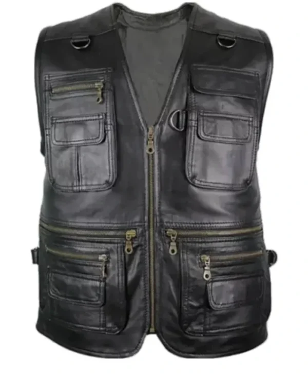 Hunting V-Neck Black Leather Vest