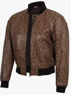 Leopard Print Tan Brown Cropped Bomber Leather Jacket