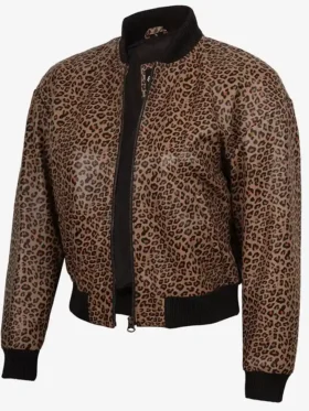 Leopard Print Tan Brown Cropped Bomber Leather Jacket