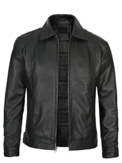 Men Cafe Racer Simple Black Leather Jacket