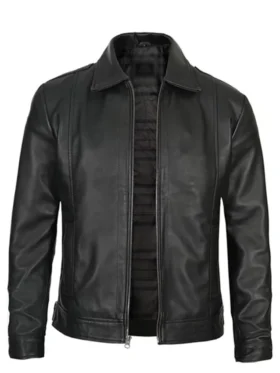 Men Cafe Racer Simple Black Leather Jacket