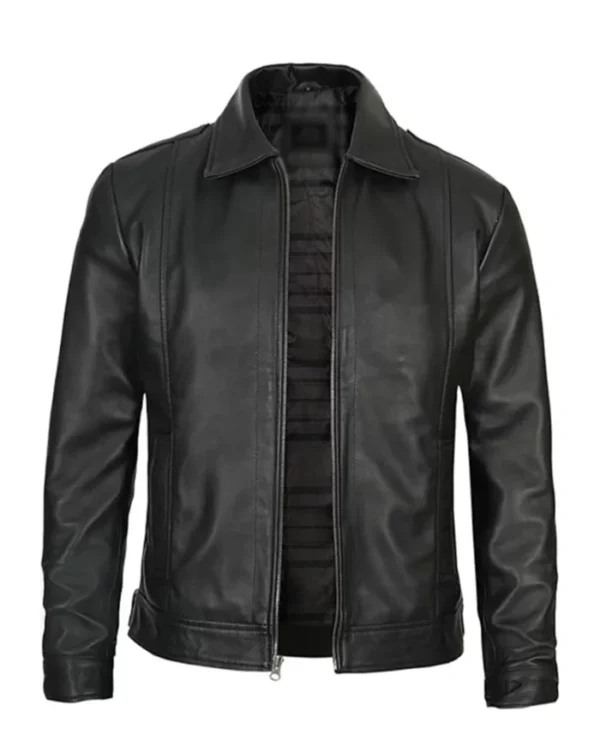 Men Cafe Racer Simple Black Leather Jacket