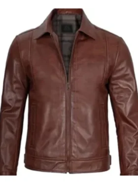 Men Simple Cafe Racer Brown Leather Jacket