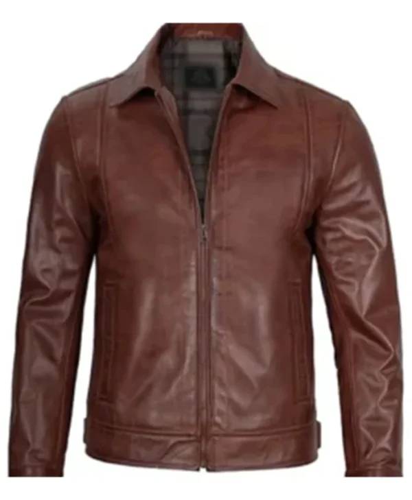 Men Simple Cafe Racer Brown Leather Jacket