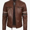 Men's Cognac Racer Brown Leather Jacket With Stripes