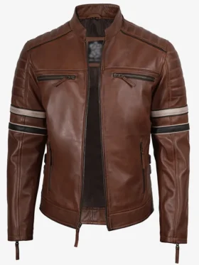 Men's Cognac Racer Brown Leather Jacket With Stripes