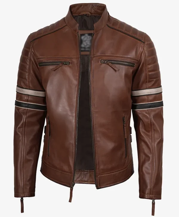 Men's Cognac Racer Brown Leather Jacket With Stripes
