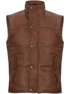 Mens Puffer Brown Leather Vest