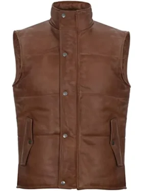 Mens Puffer Brown Leather Vest