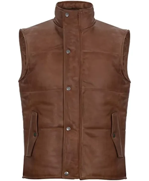 Mens Puffer Brown Leather Vest