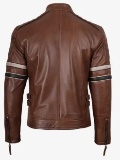 Order Cognac Racer Brown Leather Jacket With Stripes For Men And Women