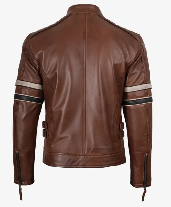 Order Cognac Racer Brown Leather Jacket With Stripes For Men And Women
