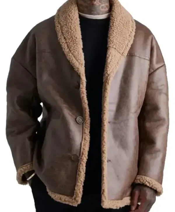 Oversized Brown Shearling Leather Jacket