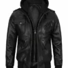 Stylish Hooded Black Bomber Leather Jacket