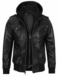 Stylish Hooded Black Bomber Leather Jacket