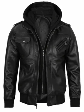 Stylish Hooded Black Bomber Leather Jacket
