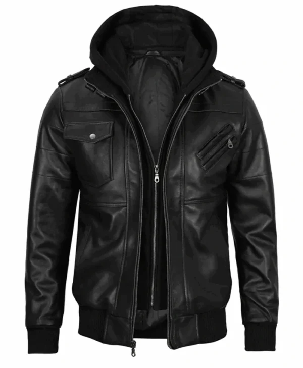 Stylish Hooded Black Bomber Leather Jacket