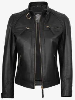 Womens Black Quilted Biker Fashion Leather Jacket