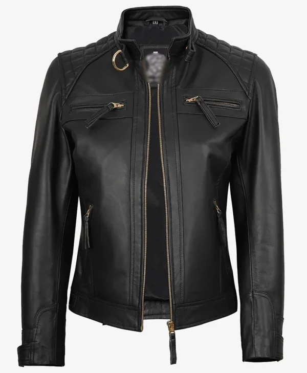 Womens Black Quilted Biker Fashion Leather Jacket