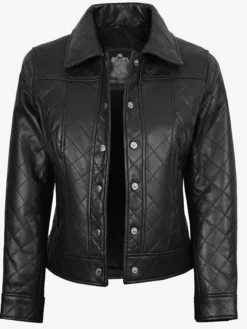Womens Quilted Classic Collar Black Leather Jacket