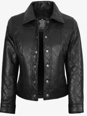 Womens Quilted Classic Collar Black Leather Jacket