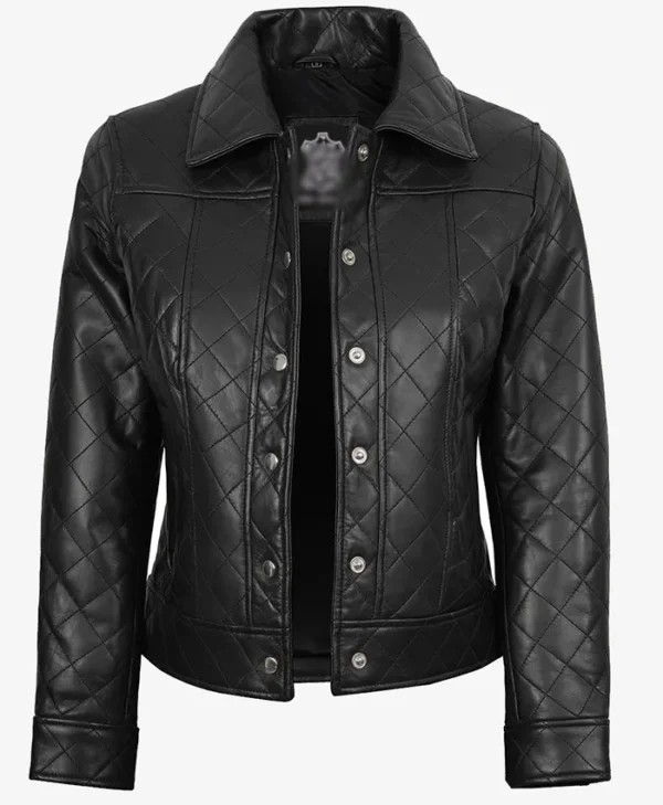 Womens Quilted Classic Collar Black Leather Jacket