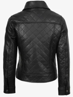 Womens Quilted Classic Collar Black Leather Jacket For Sale