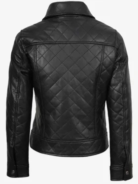 Womens Quilted Classic Collar Black Leather Jacket For Sale