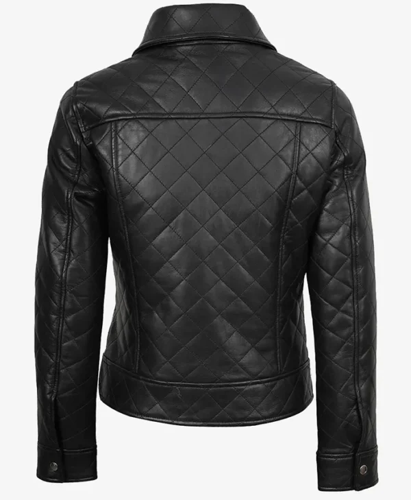Womens Quilted Classic Collar Black Leather Jacket For Sale