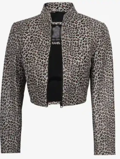 Women’s White Leopard Print Cropped Leather Jacket