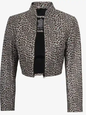 Women’s White Leopard Print Cropped Leather Jacket