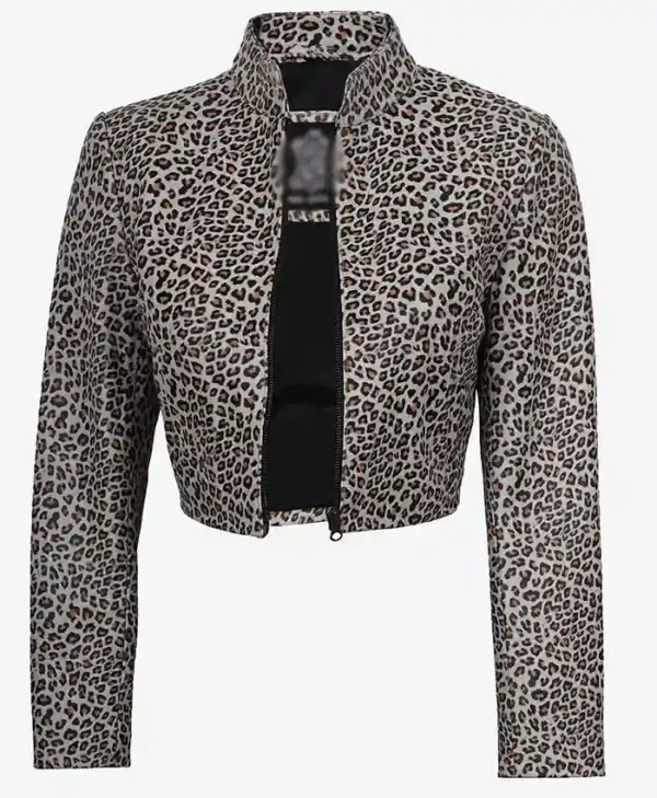 Women’s White Leopard Print Cropped Leather Jacket