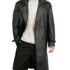 Belted Double Breasted Black Leather Trench Coat