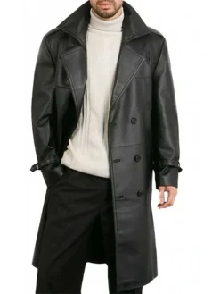 Belted Double Breasted Black Leather Trench Coat