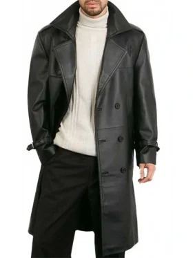Belted Double Breasted Black Leather Trench Coat