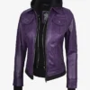 Betty Purple Leather Jacket With Removable Hood