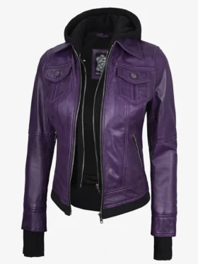 Betty Purple Leather Jacket With Removable Hood