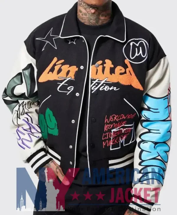 Boxy Fit Graffiti Letterman Varsity Jacket
