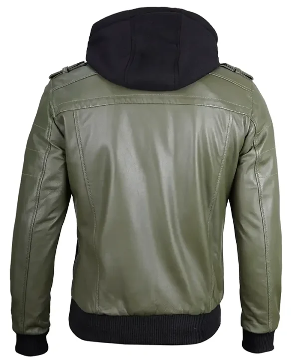 Buy Military Green Leather Jacket With Removable Hood For Him And Her